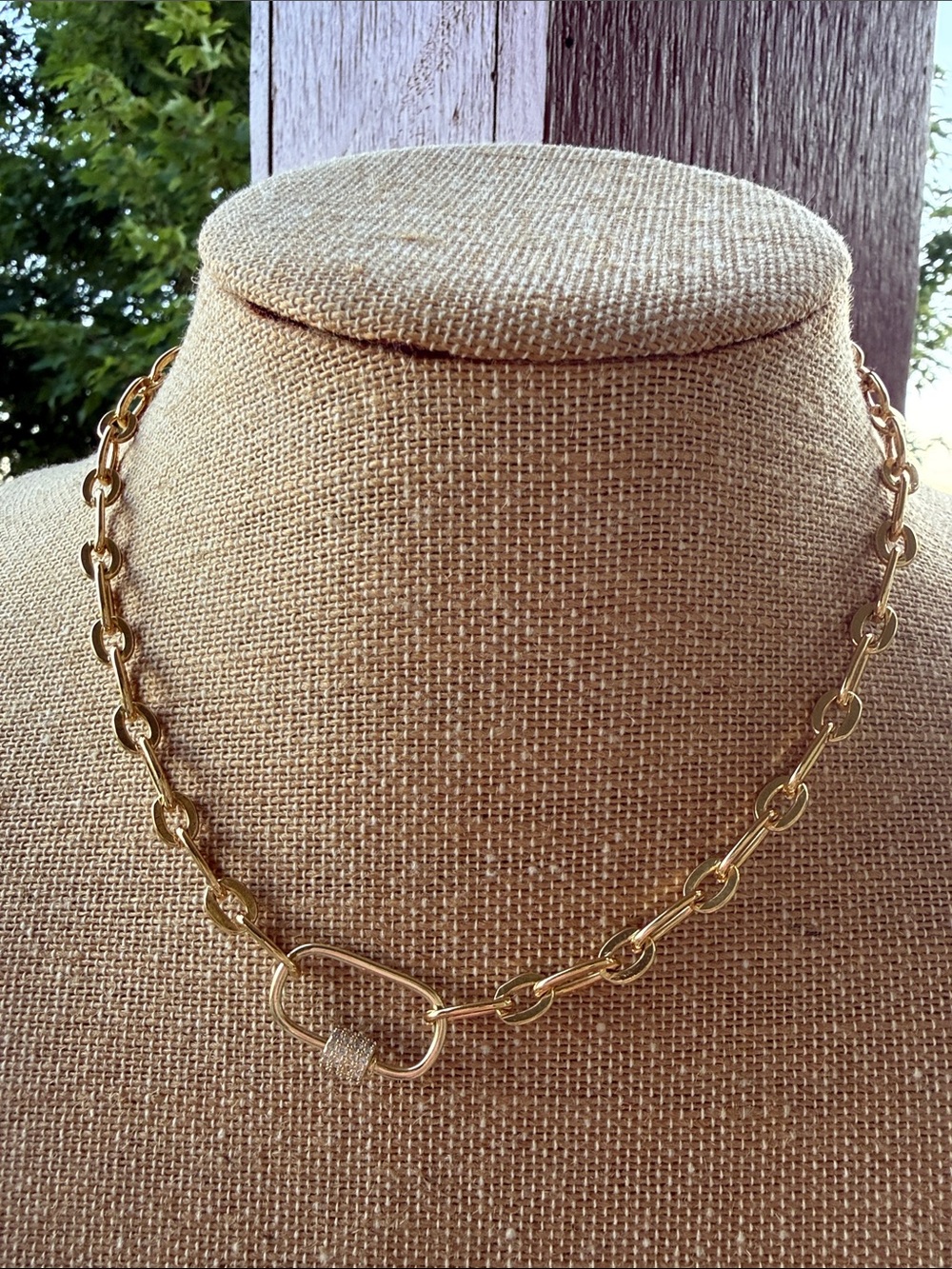 Gold Link Chain Necklace with Oval Accent - 18 k Gold Plated